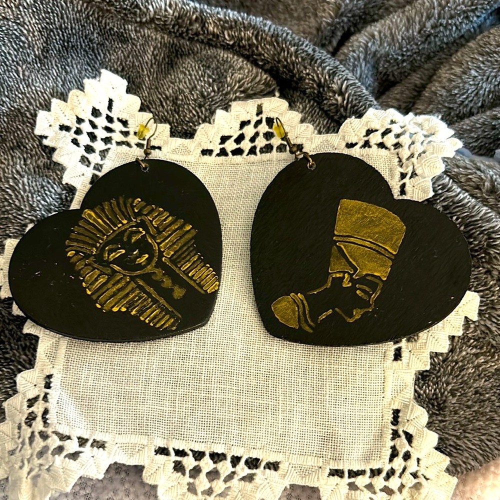 Vintage 1980’s Large Wood Heart Earrings Gold Painted Egyptian Pharaohs
